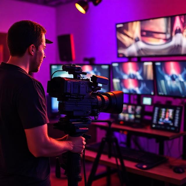 Editor de video trabajando en monitor profesional